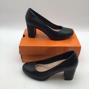 Clarks Bayla Skip Black Leather Block Heel Pumps Womens Size 7 M‎ 26174105 NEW